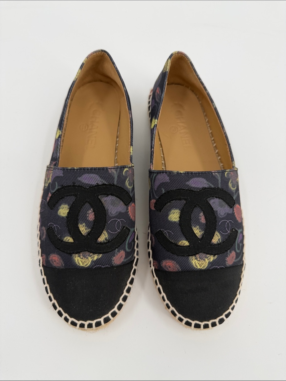 Black Canvas Floral Espadrille Flats with Large CC Logo